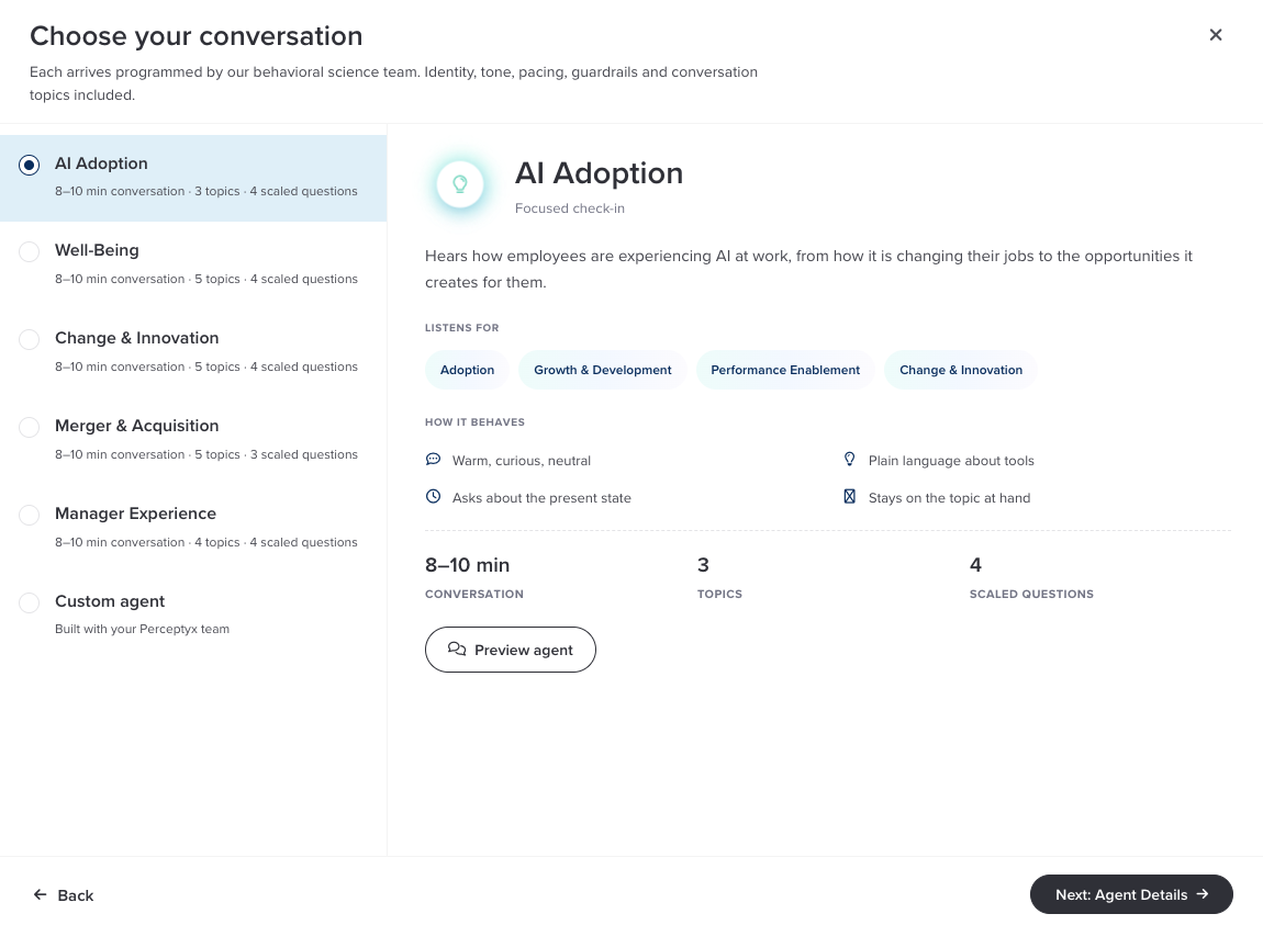 The Choose your conversation screen listing the starter agents and a Custom agent option, with the AI Adoption agent selected and its conversation length, topic count, scaled question count, and Preview agent button showing.