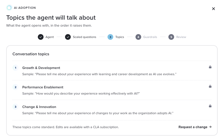 The Topics step for the AI Adoption agent, listing three conversation topics with a sample opening question for each and a Request a change link.