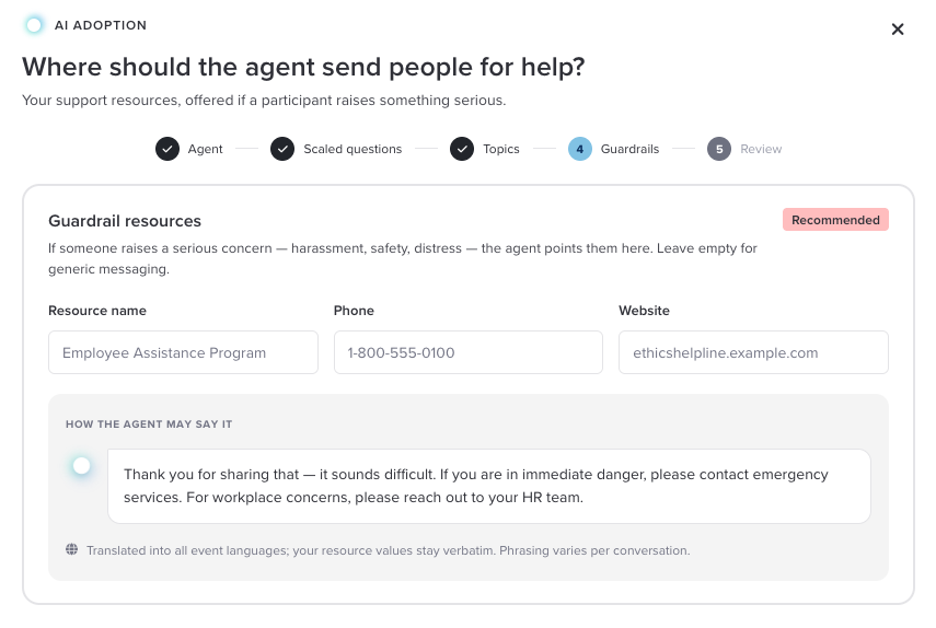The Guardrails step with Resource name, Phone, and Website fields and a preview of the message the agent may share with participants.