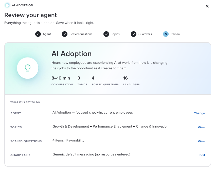 The Review your agent step summarizing the AI Adoption agent, including conversation length, topics, scaled questions, languages, and guardrails, each with a link to change or view it.