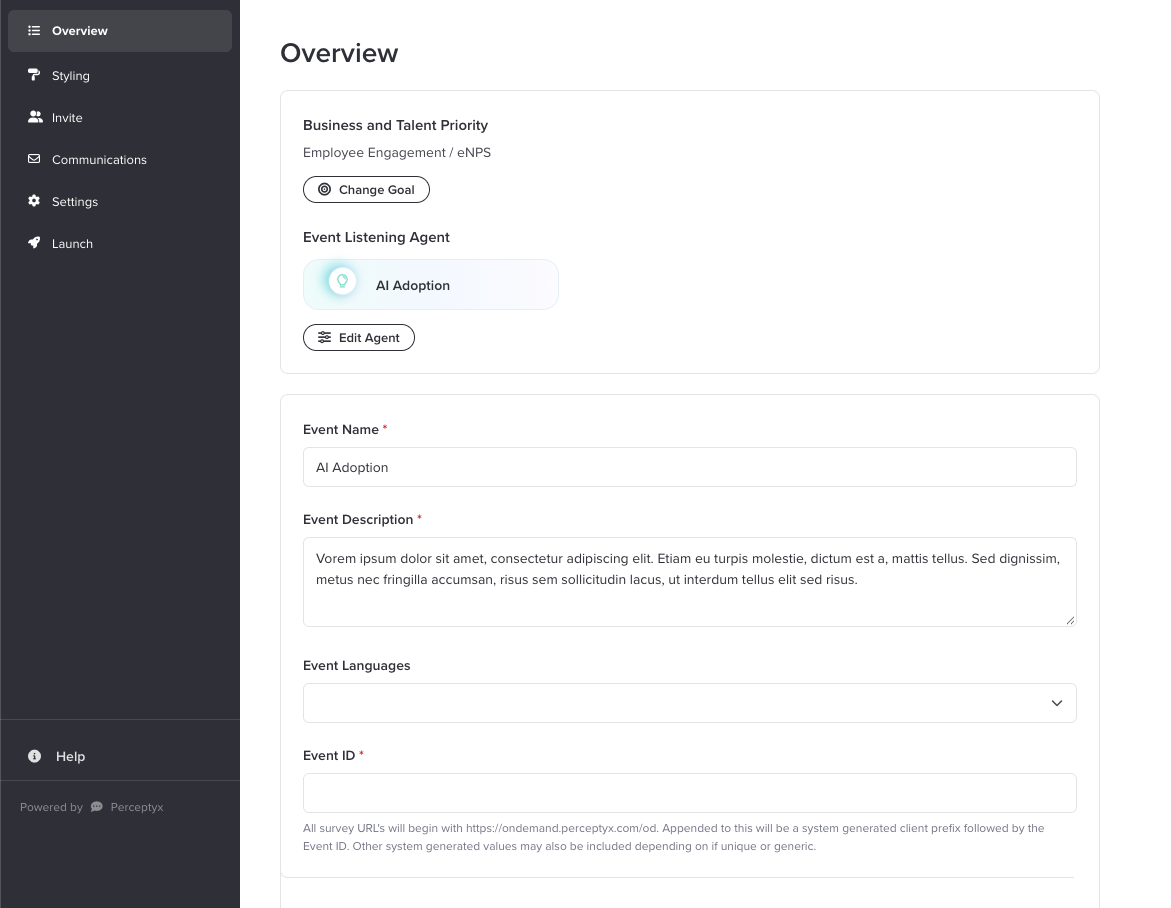 The Overview page of a new event showing the Event Listening Agent card for AI Adoption with an Edit Agent button, above the Event Name and Event Description fields.