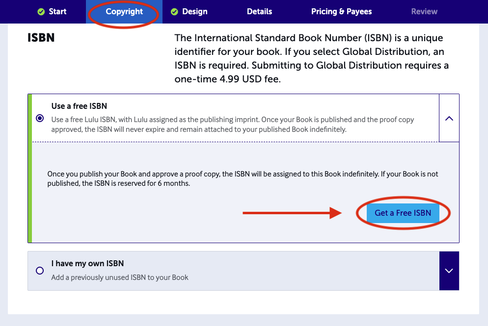 Screenshot on the Copyright step, with Get a Free ISBN circled under the Use a Free ISBN section.