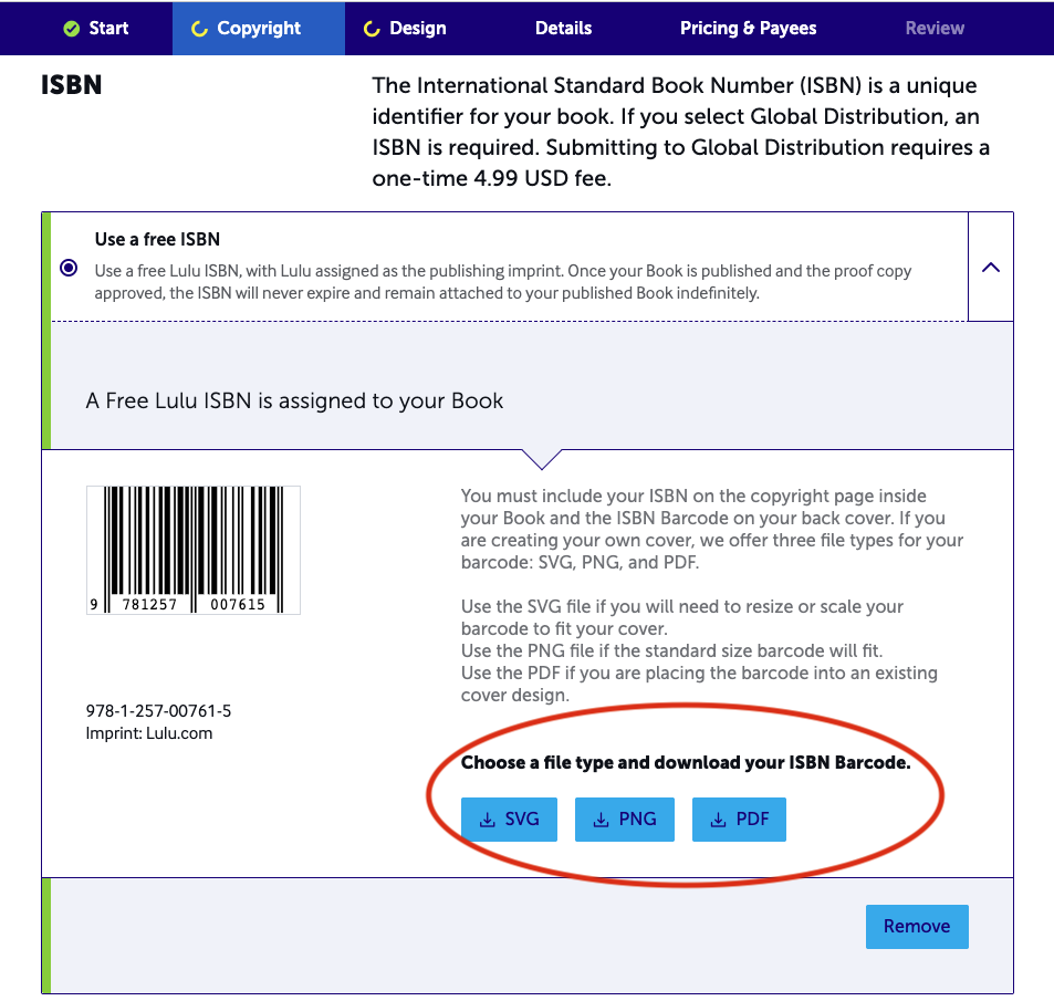 Screenshot of the Copyright step, with the downloadable file types for the barcode circled, "SVG", "PNG", and "PDF".