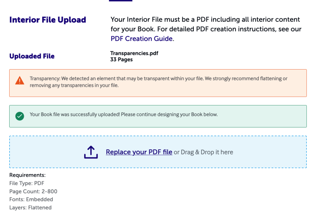 Screenshot of Design step showing orange warning message about transparency and green confirmation message