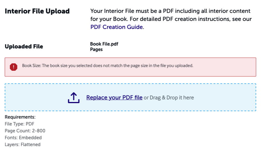 Screenshot of Design Step: Book Size page showing red error box book size mismatch