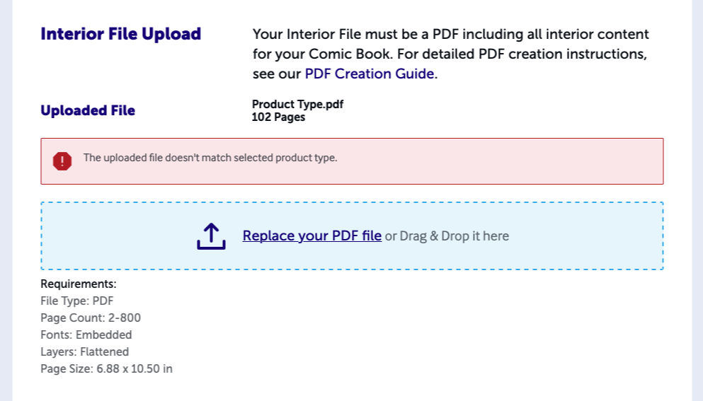 Screenshot of Design step showing red error box stating uploaded file does not match product type