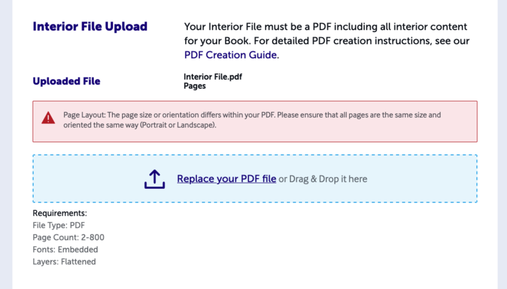 Screenshot of Design step page showing red error box showing page layout orientation mismatch