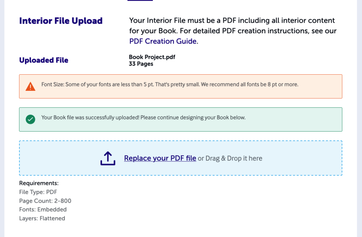 Screenshot of Design step showing orange warning message about font size and green confirmation message about successful upload