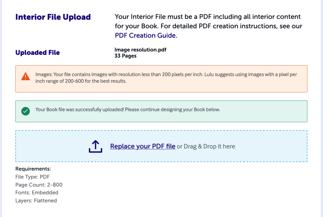 Screenshot of Design step page showing orange warning message about Images and green confirmation message 