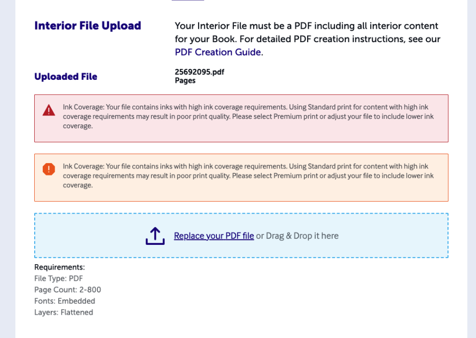 Screenshot of Design step page showing red error message about ink coverage and orange warning message about ink coverage