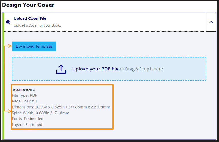 Screenshot of Design Your Cover page highlighting Requirements and Download Template button