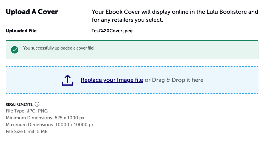 Screenshot of Upload a Cover page with success banner