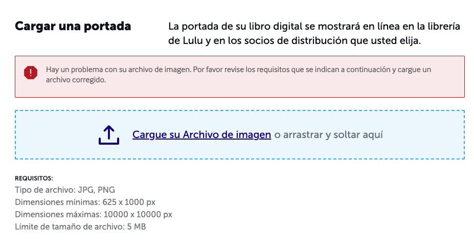 Pantalla de carga de portada en Lulu con mensaje de error y área para subir la imagen.