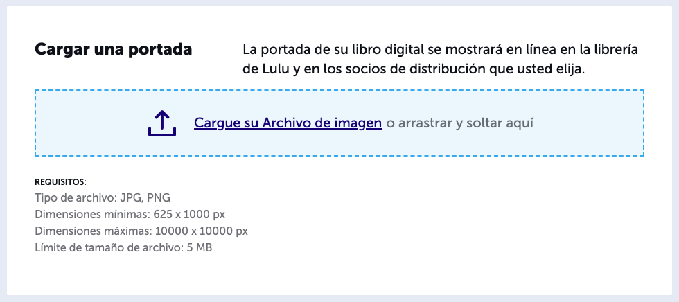 Pantalla para cargar la portada de un libro digital en Lulu, con área para subir o arrastrar una imagen y requisitos de formato y tamaño.
