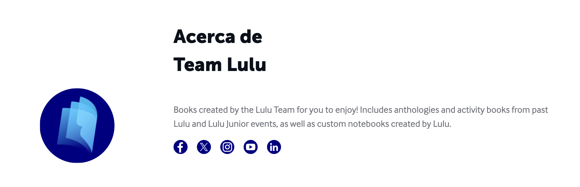 Sección “Acerca de Team Lulu” con el logotipo de Lulu, un breve texto que describe libros creados por el equipo Lulu y iconos de redes sociales (Facebook, X, Instagram, YouTube y LinkedIn).