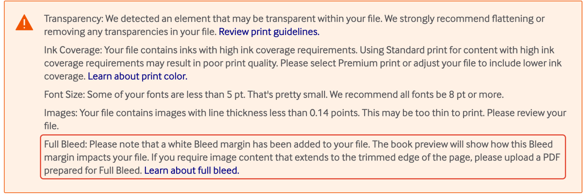 A screenshot of print warning notifications on Lulu. A red box highlights a "Full Bleed" warning, which explains that a white bleed margin was added to the file because the uploaded PDF was not properly sized for full-bleed printing.