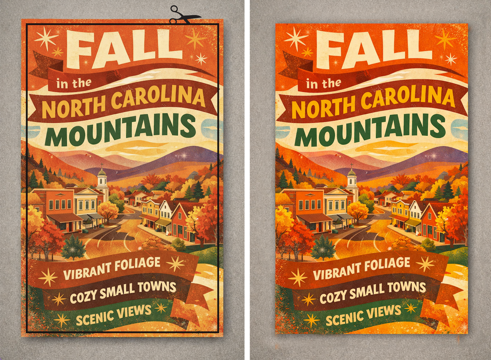 Comparison diagram of a full-bleed book cover. The left version includes a 0.125-inch bleed margin with a scissor icon on the trim line; the right version shows the finished cover after it has been cut to the final size.