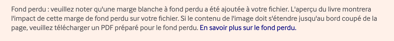 Capture d'écran des notifications d'avertissement d'impression sur Lulu. Un encadré rouge met en évidence un avertissement fond perdu, qui explique qu'une marge de fond perdu blanche a été ajoutée au fichier car le PDF téléchargé n'était pas correctement dimensionné pour une impression à fond perdu.