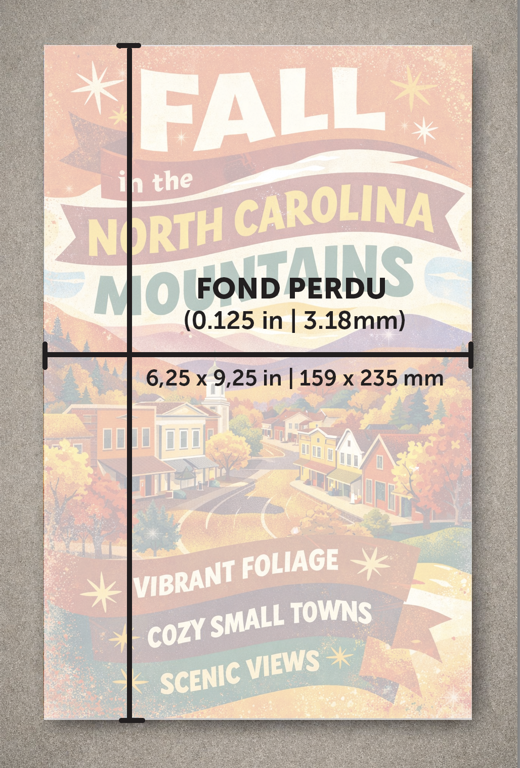 Une maquette de couverture de livre prête à imprimer au format 159 x 235 mm avec une illustration à fond perdu. Une annotation précise qu'une marge de fond perdu de 3,17 mm est nécessaire pour obtenir le format final de 159 x 235 mm.