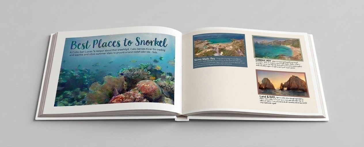 Eine doppelseitige Buchaufschlagseite mit dem Titel „Die besten Orte zum Schnorcheln“, die ein Standard-Seitenlayout mit Rändern zeigt. Die Fotografien reichen nicht bis an die Schnittkante heran, wodurch auf beiden Seiten – sowohl links als auch rechts – ein sichtbarer weißer Rand die gesamte Gestaltung umgibt.