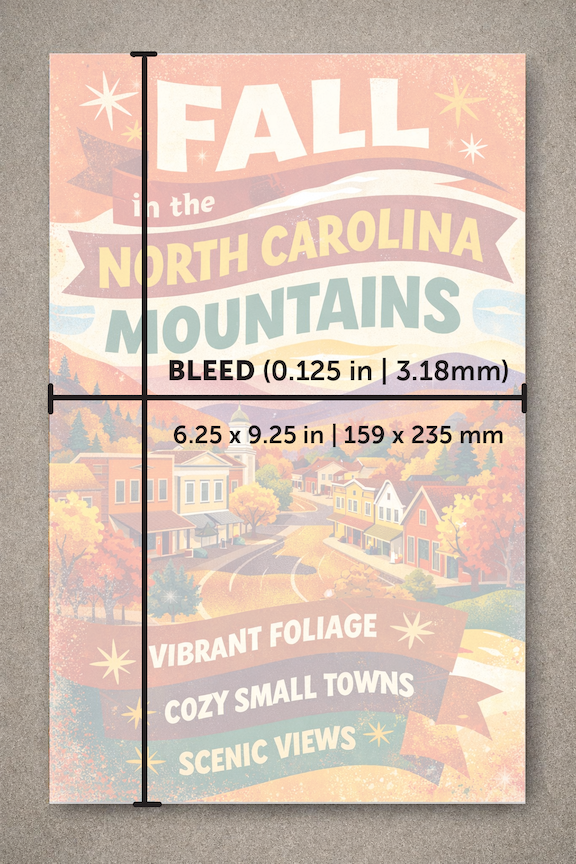 A 6.25 x 9.25 inch print-ready book cover design with full-bleed artwork. A text overlay specifies a 0.125-inch bleed area required for the final 6 x 9 inch trim size.