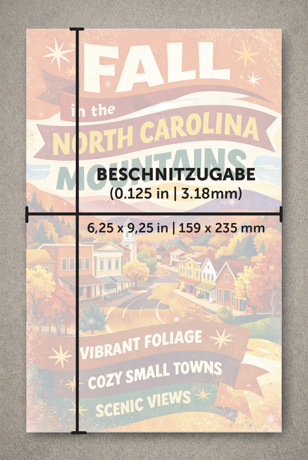 Ein druckfertiges Buchcover-Design im Format 6,25 × 9,25 Zoll mit vollflächiger Gestaltung (Full-Bleed). Eine Texteinblendung weist auf einen Beschnittbereich von 0,125 Zoll hin, der für das endgültige Endformat von 6 × 9 Zoll erforderlich ist.