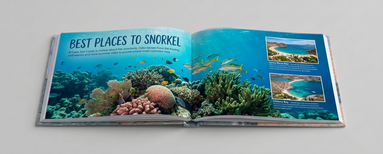 Un fotolibro aperto su una doppia pagina intitolata "I migliori luoghi per fare snorkeling". L'immagine di sfondo, raffigurante una barriera corallina, adotta un layout a pagina piena, coprendo l'intera superficie delle pagine fino al bordo di rifilo.