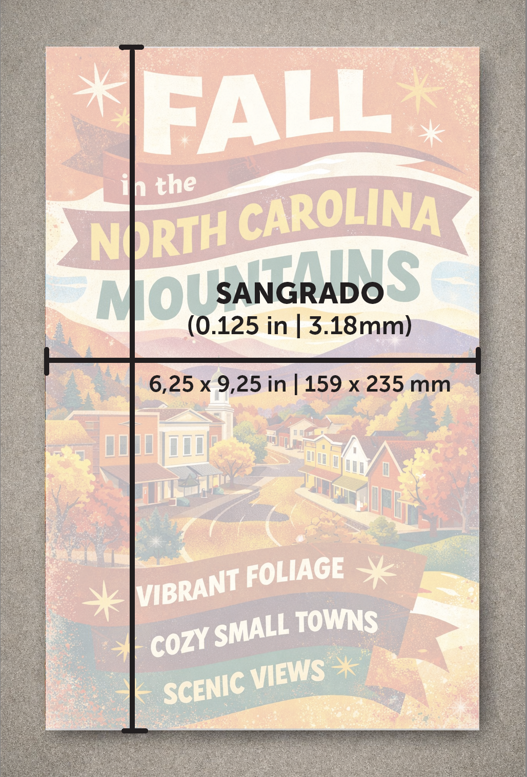 Un diseño de portada listo para impresión de 6,25 x 9.25 pulgadas con ilustración a sangrado completo. Un texto superpuesto especifica un área de sangrado de 0,125 pulgadas requerida para el tamaño final de corte de 6 x 9 pulgadas.