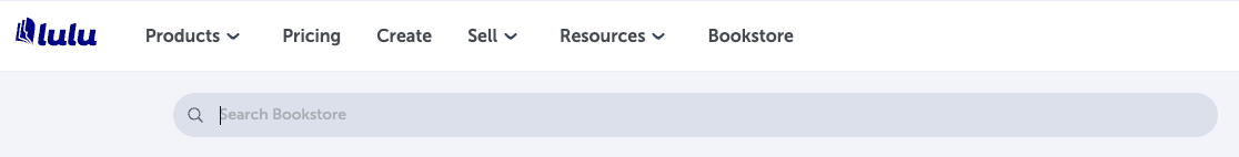 "Lulu website header showing navigation links for Products, Pricing, Create, Sell, Resources, and Bookstore, with a Bookstore Search bar below."