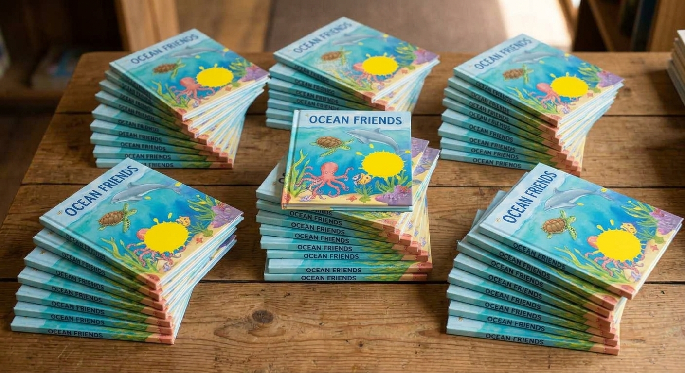 Image de 6 piles de livres intitulés Ocean Friends montrant une tâche jaune sur la couverture de 6 livres
