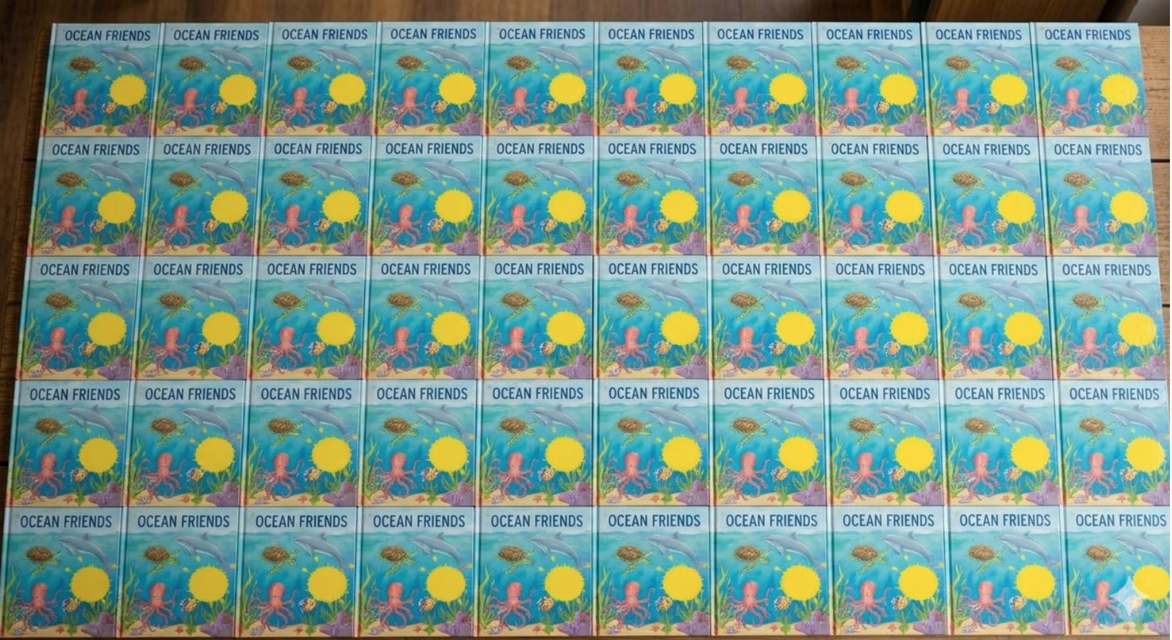 Image montrant 50 livres intitulé Ocean Friends avec une tâche jaune sur toutes les couvertures