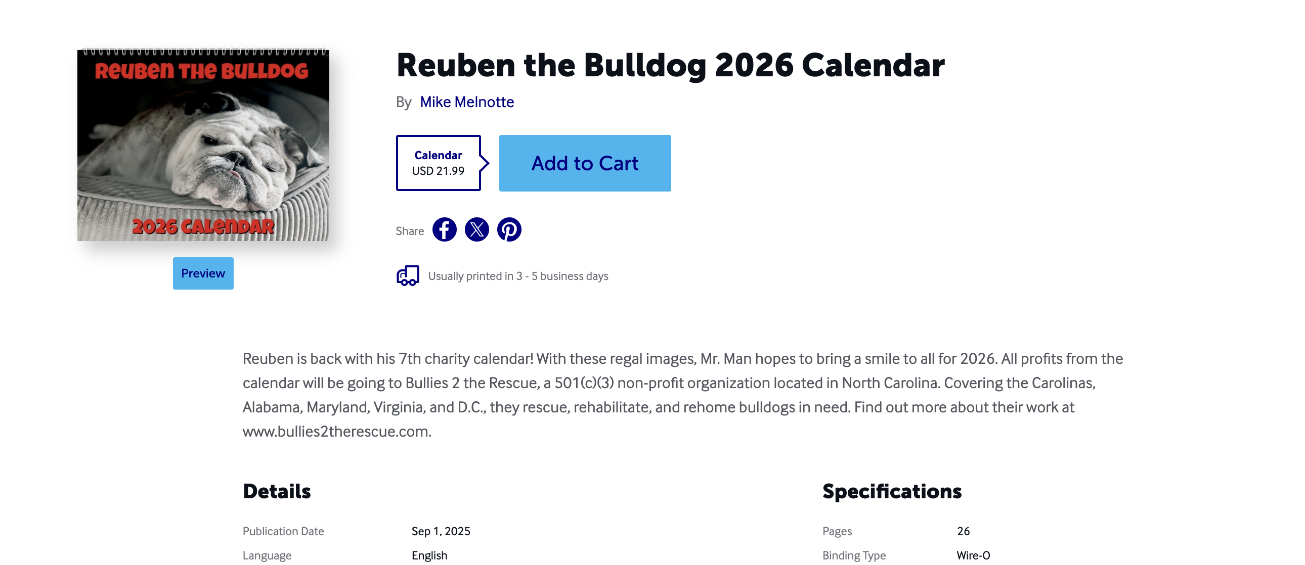 Lulu Bookstore product page for a calendar, showing the 'Preview' button located directly beneath the calendar cover thumbnail.
