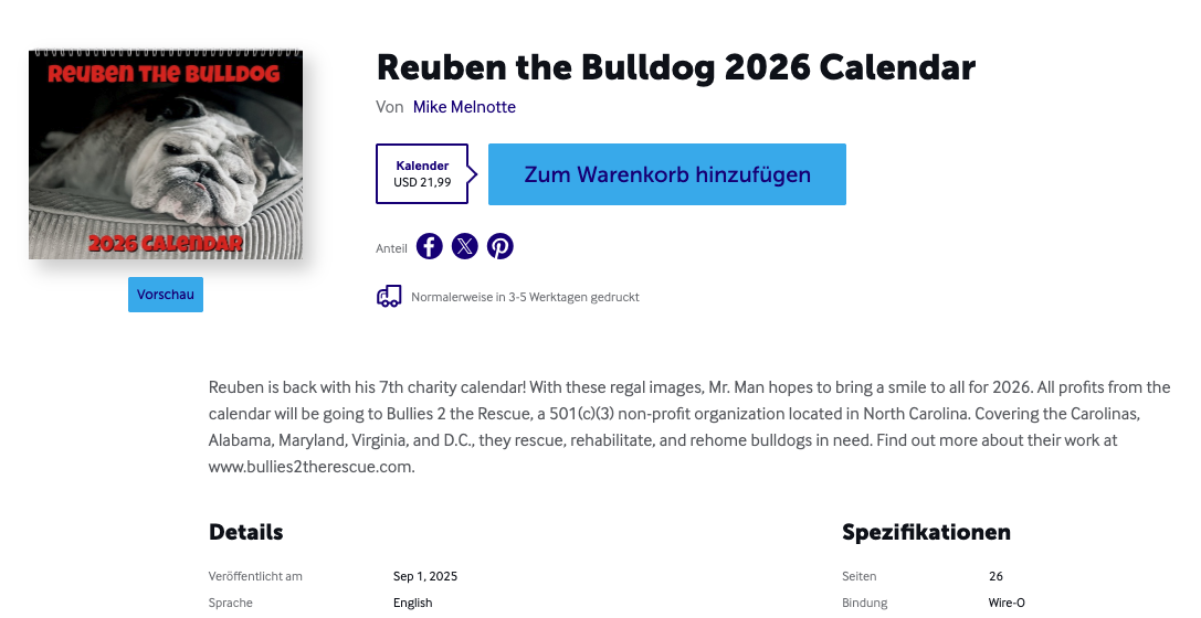 Produktseite eines Kalenders im Lulu Bookstore mit der Schaltfläche „Vorschau“ direkt unter dem Kalender-Cover-Thumbnail.