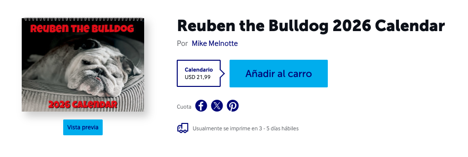 Página de producto del calendario “Reuben the Bulldog 2026” con foto de un bulldog, precio de USD 21,99 y botón “Añadir al carro”.