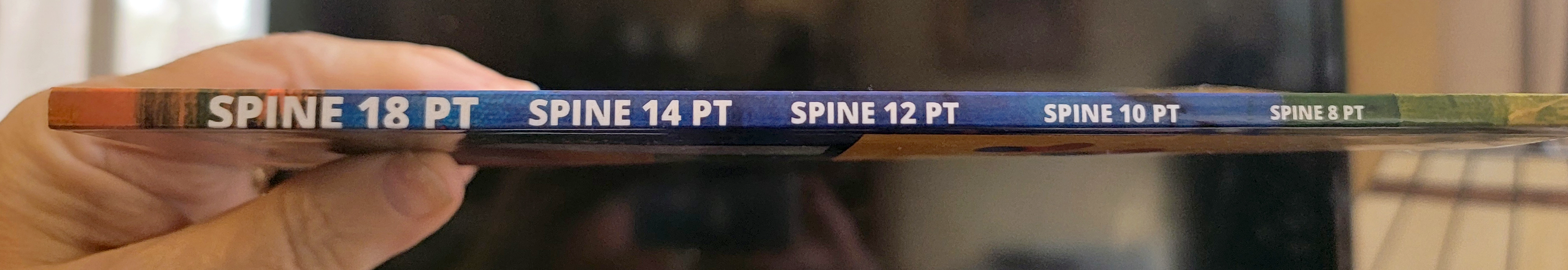 A close-up view of a thin book spine held in hand, showing spine text printed at decreasing font sizes from 18 pt down to 8 pt.