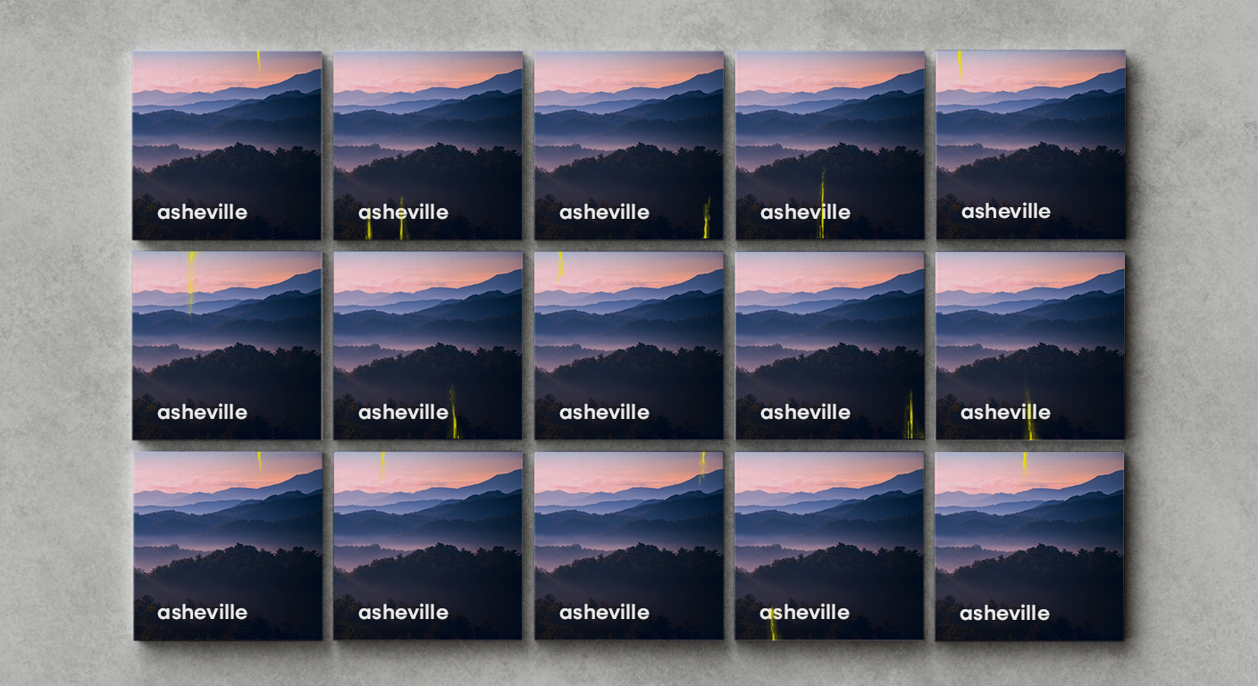 Ein Raster aus 15 fehlerhaften „Asheville“-Büchern, die jeweils einen sichtbaren gelben Tintenstreifen auf dem Einband aufweisen.