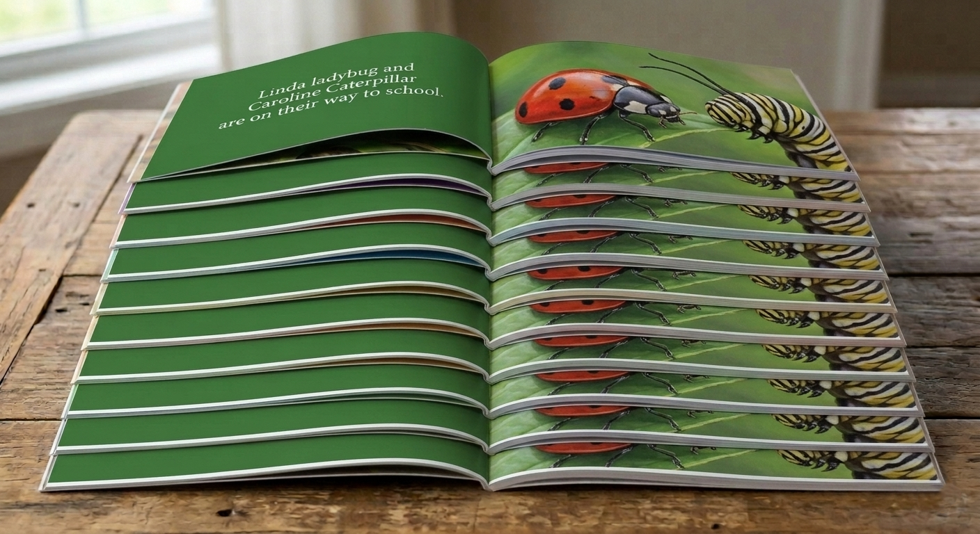 Ein Stapel aufgeschlagener Kinderbücher, bei denen an den Außenrändern der grünen Seiten unbedruckte weiße Ränder zu sehen sind.