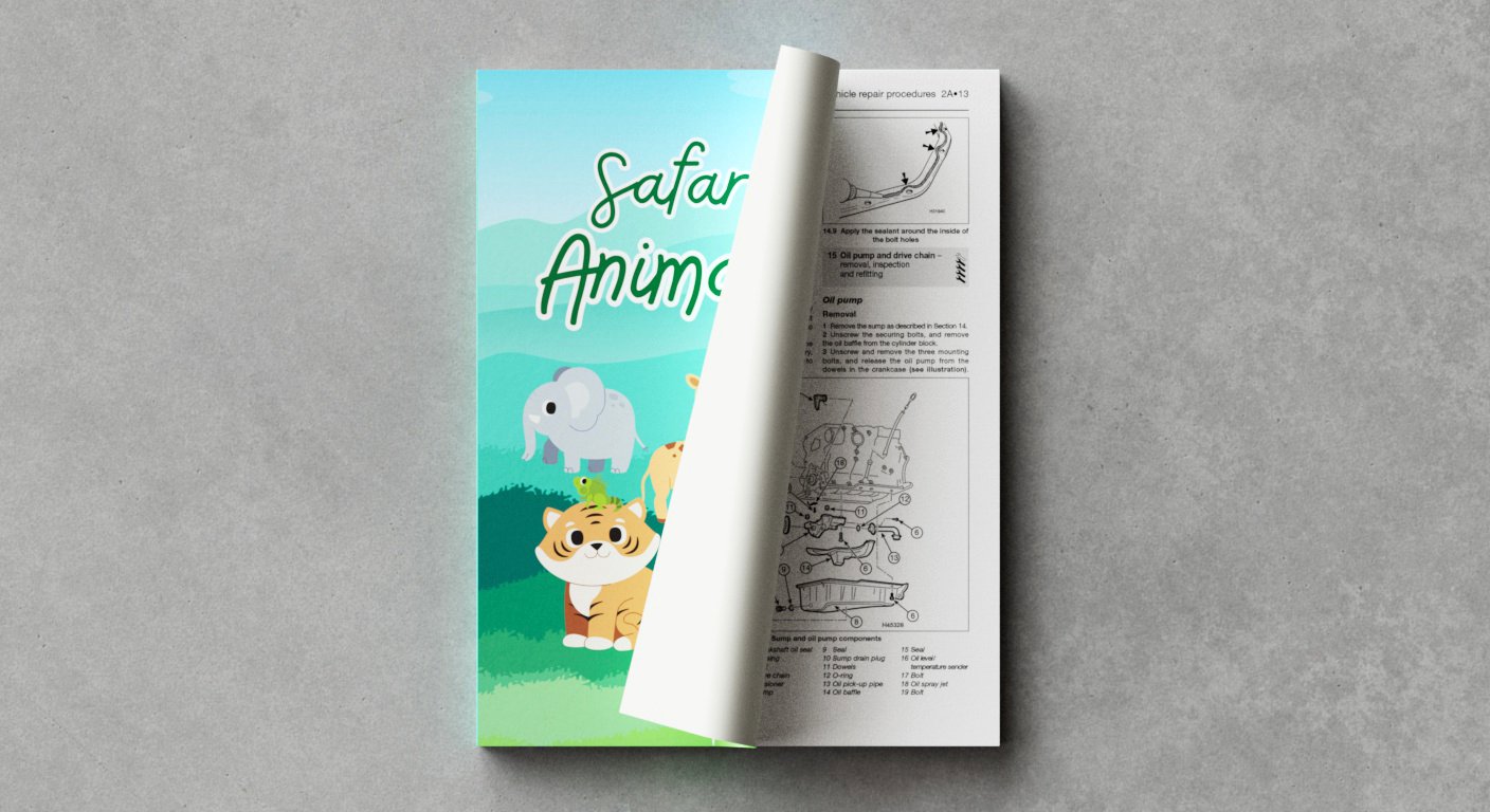Das Cover eines Kinderbuchs zum Thema „Safari-Tiere“ ist teilweise abgelöst und gibt den Blick auf eine fehlerhafte Innenseite frei, die ein technisches Reparaturhandbuch für Fahrzeuge enthält.