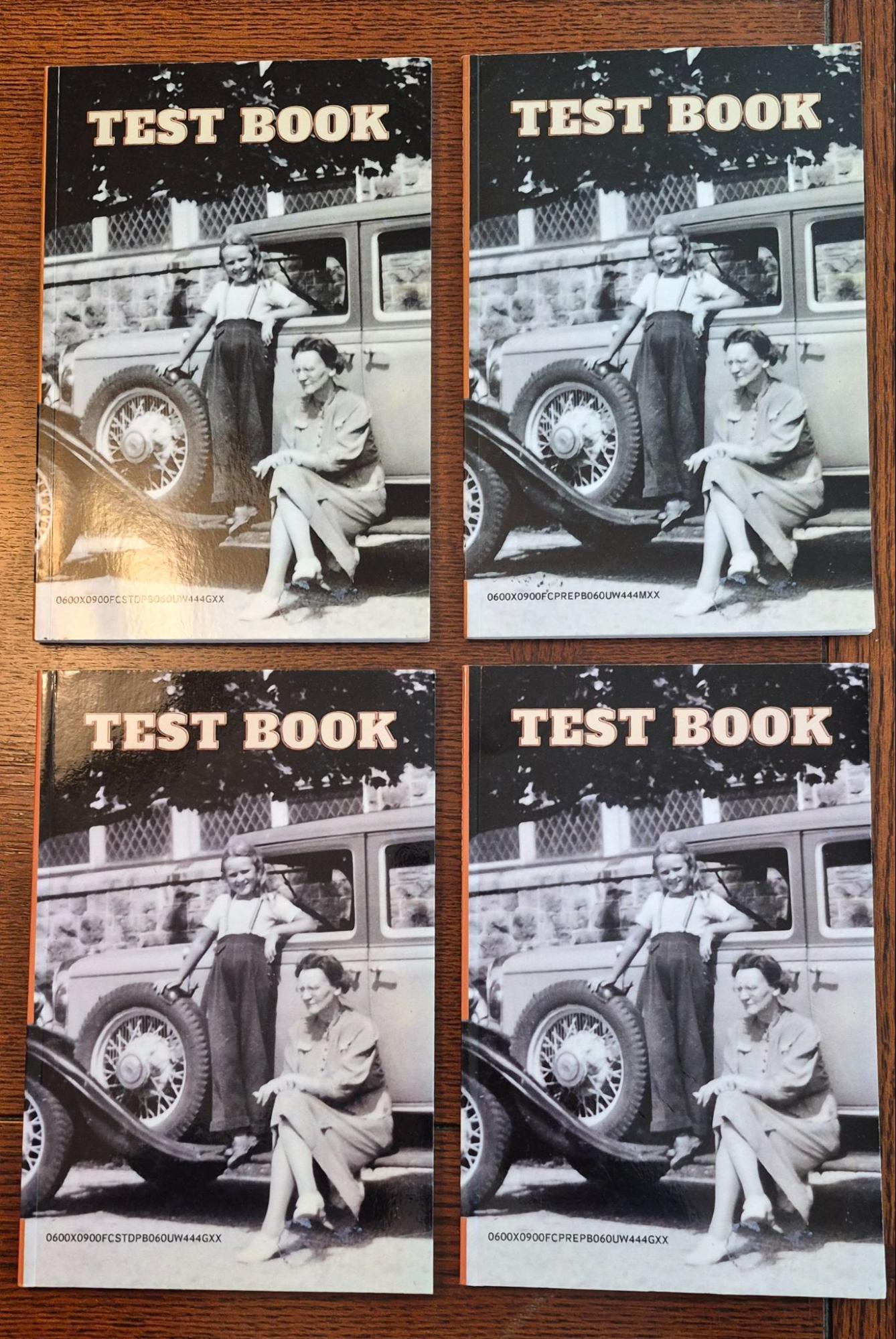 Vier Exemplare des „TEST BOOK“ sind in einem Raster angeordnet und zeigen Variationen in Farbton und Kontrast bei den aufgedruckten Titelbildern.