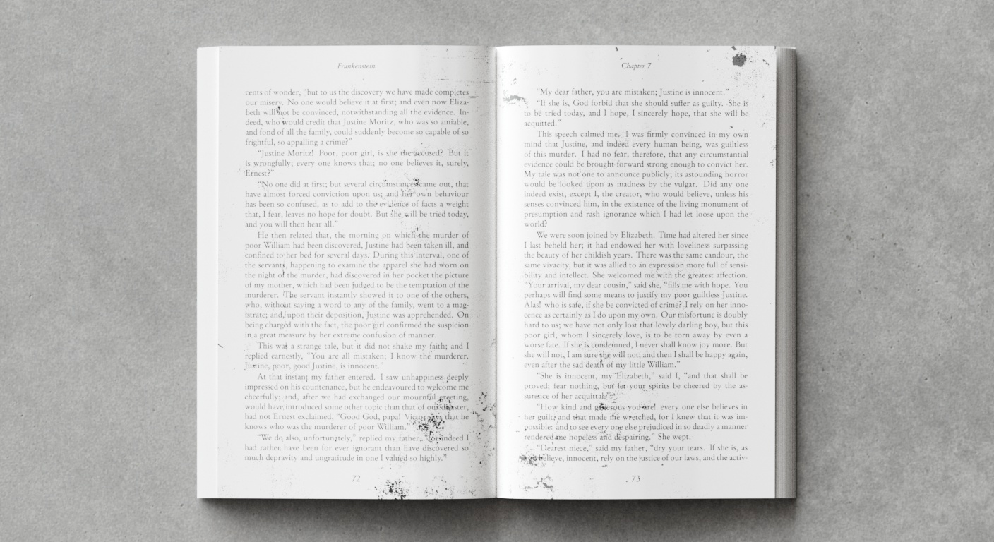 Ein aufgeschlagenes Buch, auf dessen Text sich auf beiden Seiten dunkle Tintenflecken und -spritzer verteilen.