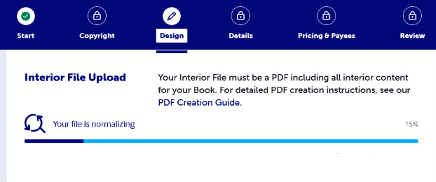 Screenshot of the Design tab, a file is being uploaded and the progress is stuck at 15%