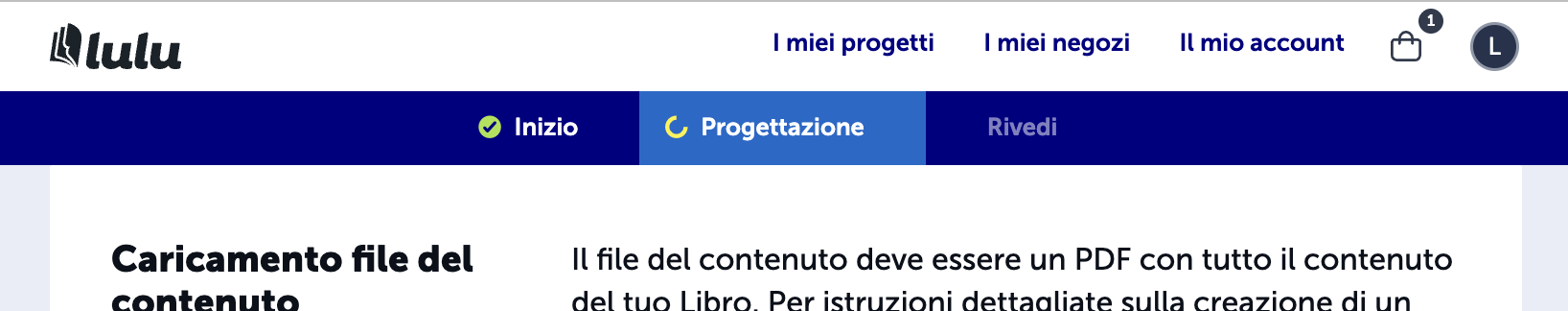 Intestazione del sito web di Lulu che mostra una barra di avanzamento con le fasi «Inizio» (completata) e «Progettazione» (non ancora completata), seguita da un'istruzione per il caricamento del file dell'interno per i progetti editoriali.