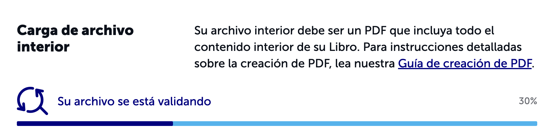 Pantalla de carga del archivo interior de un libro en formato PDF. Una barra de progreso azul indica que el archivo se está validando y que el proceso ha alcanzado el 30%.