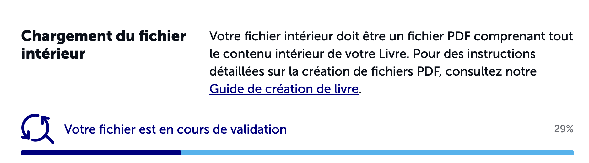 Capture d'écran de l'onglet Conception : un fichier est en cours de validation et la progression est bloquée à 29 %