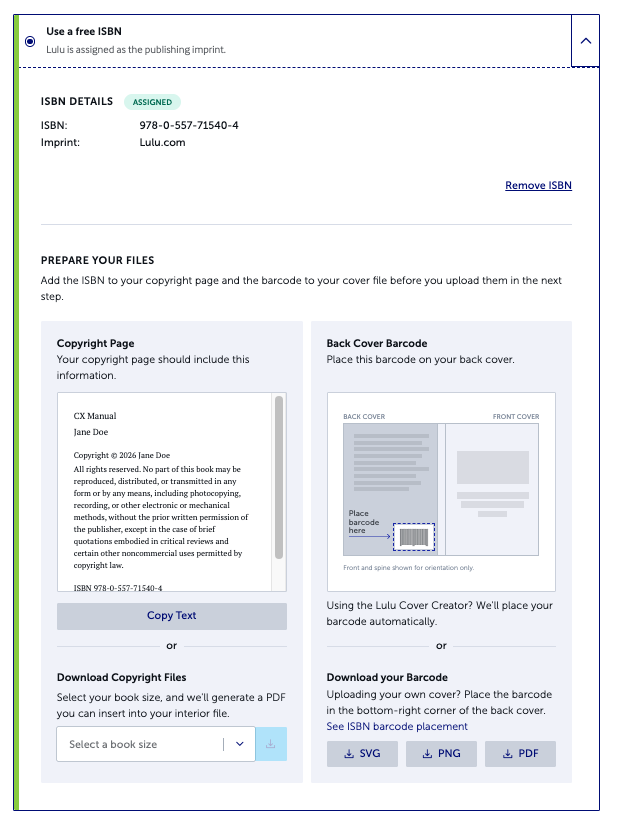 The Lulu Project Creation Tool interface for assigning a free ISBN, displaying assigned ISBN details alongside file preparation instructions. Two panels provide options to copy or download copyright page files and download the back cover barcode in SVG, PNG, or PDF format with a placement diagram
