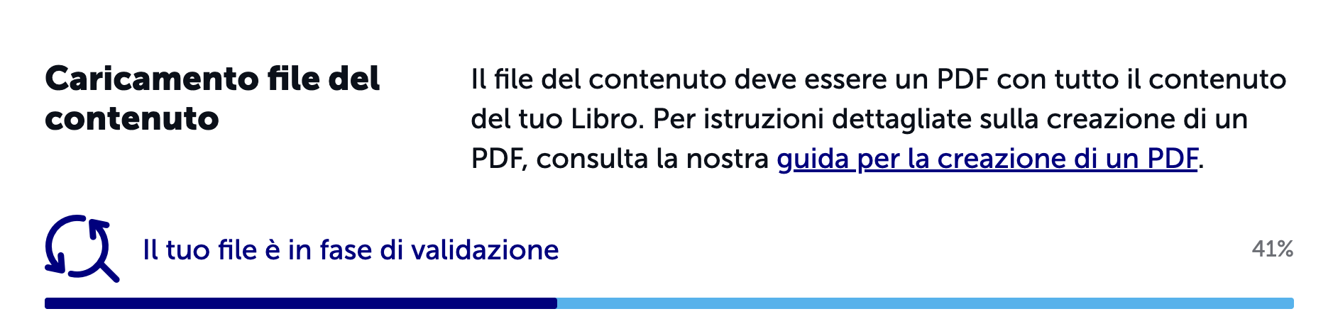Screenshot della scheda Design: un file è in fase di caricamento, ma l'avanzamento è bloccato