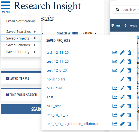 Image of Saved Projects within Research Insight menu.