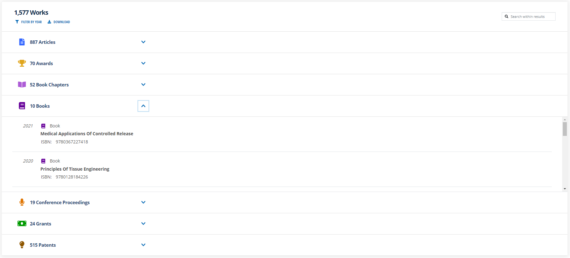 An image of the scholar profile works tab with a work type expanded