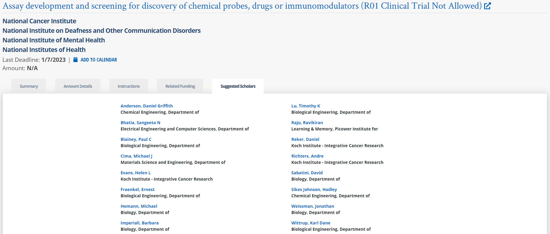 Image of Suggested Scholars tab of Funding Profile.