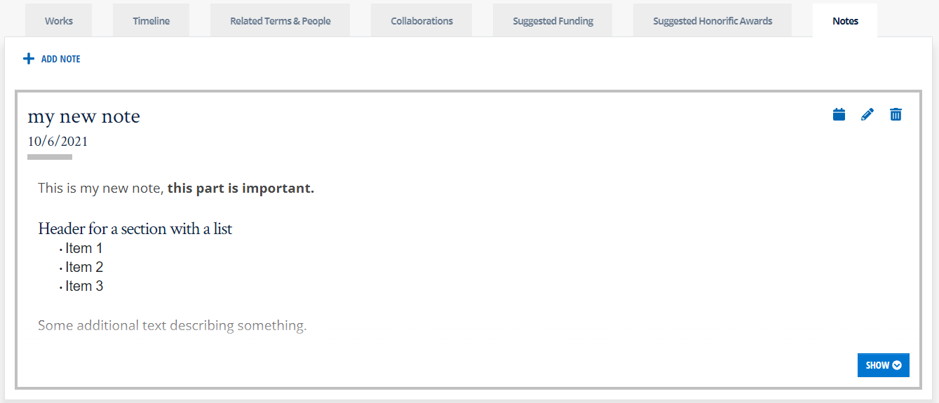 Image of a saved note in the Research Insight Scholar Profile
